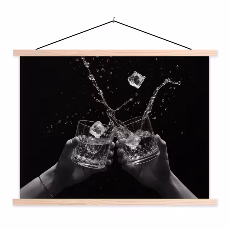 Whickyglazen - Ijs - Spetters - Zwart textielposter latten blank klein -3d