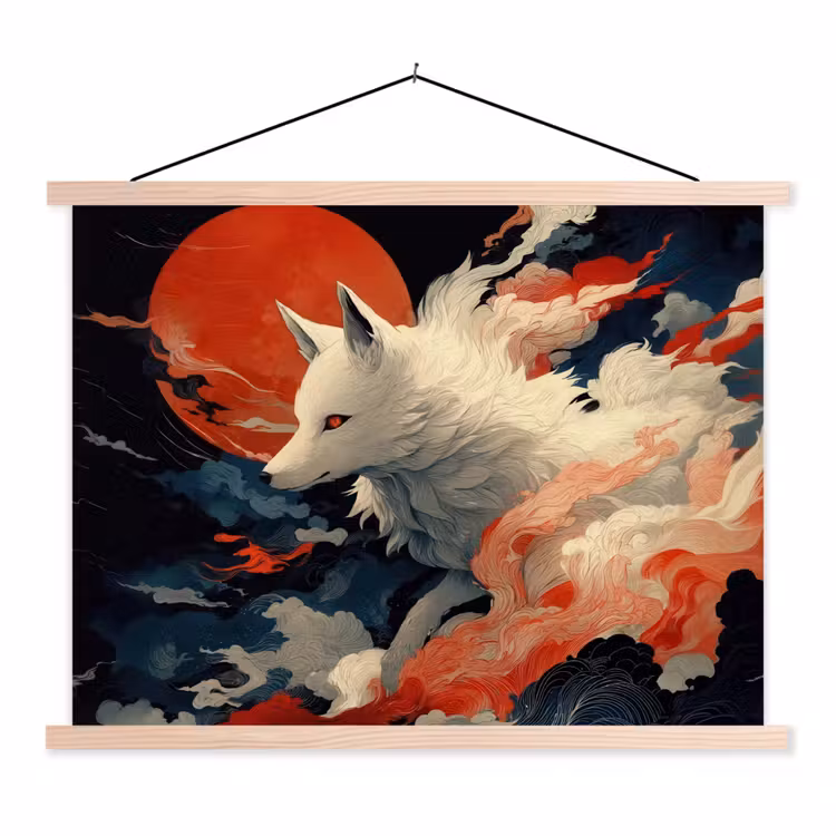 Witte vos - wolken - maan textielposter latten blank klein -3d