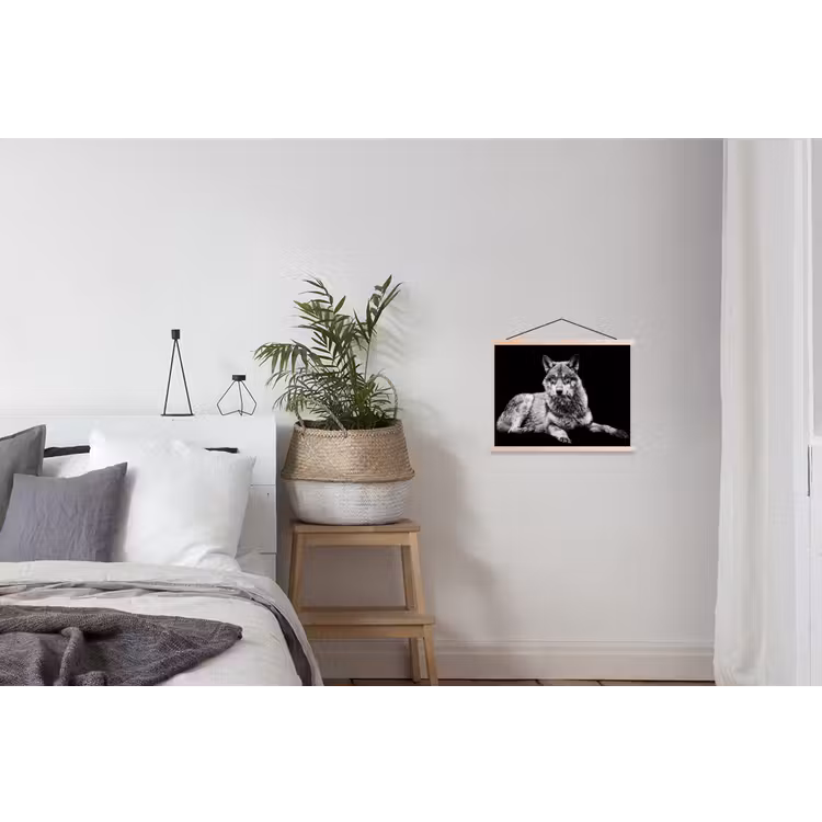 Wilde dieren - Wolf - Zwart - Wit textielposter latten blank klein -woonkamer