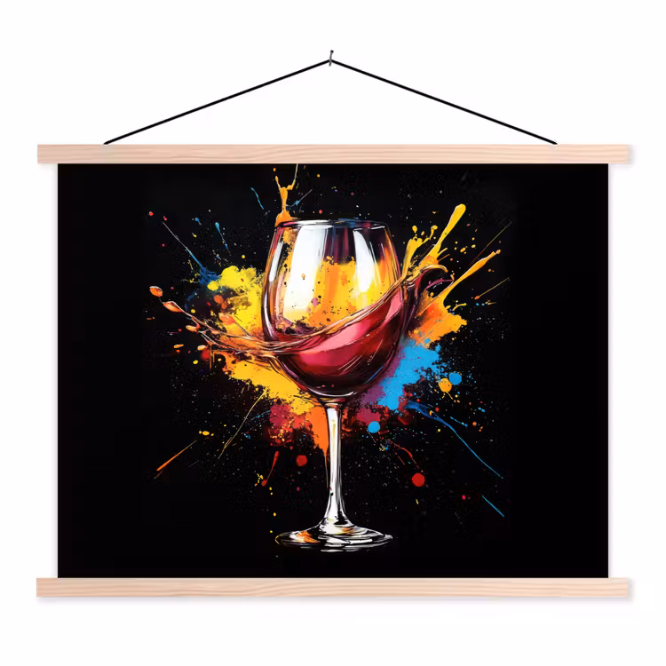 Wijn - Glas - Graffiti - Borrel - Rood - Verf textielposter latten blank klein -3d