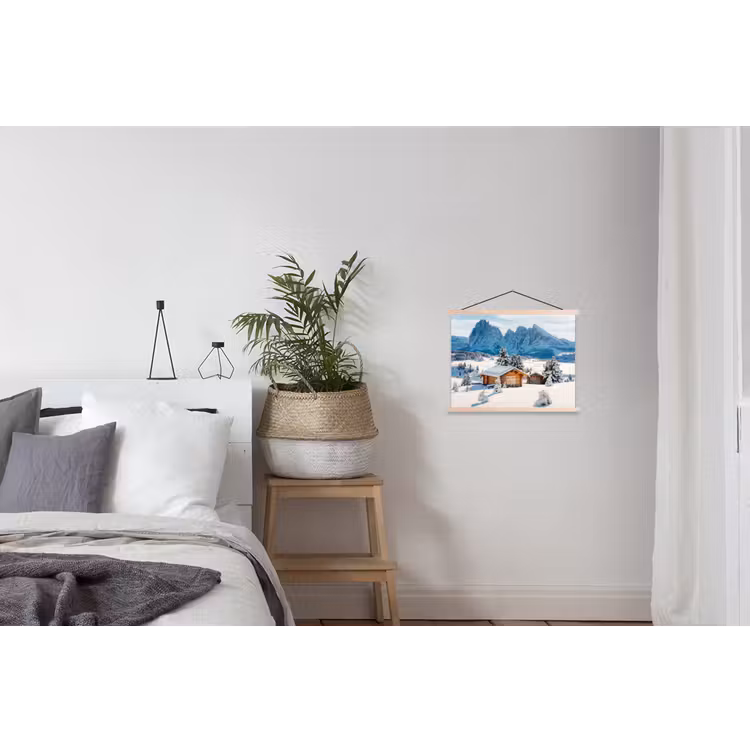 Winter - Huisje - Bergen - Uitzicht - Sneeuw textielposter latten blank klein -woonkamer