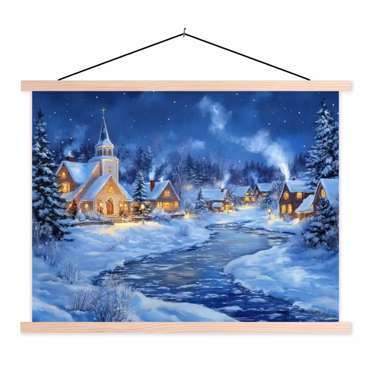 Winteravond - Kerstdorp - Donker textielposter latten blank klein -3d
