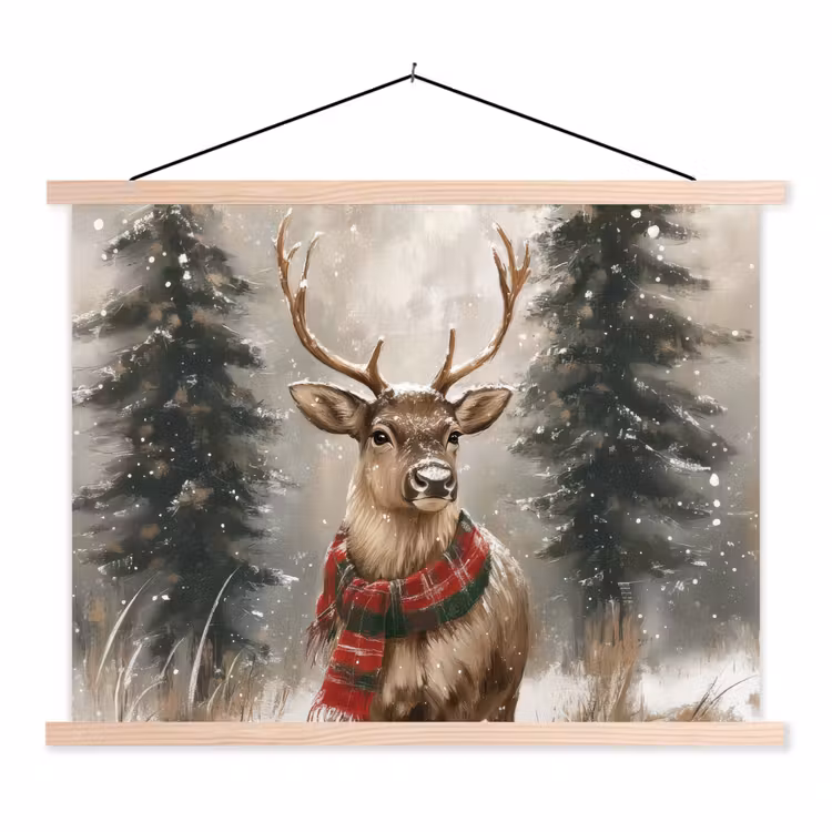 Winter - Bos - Rendier - Donker textielposter latten blank klein -3d