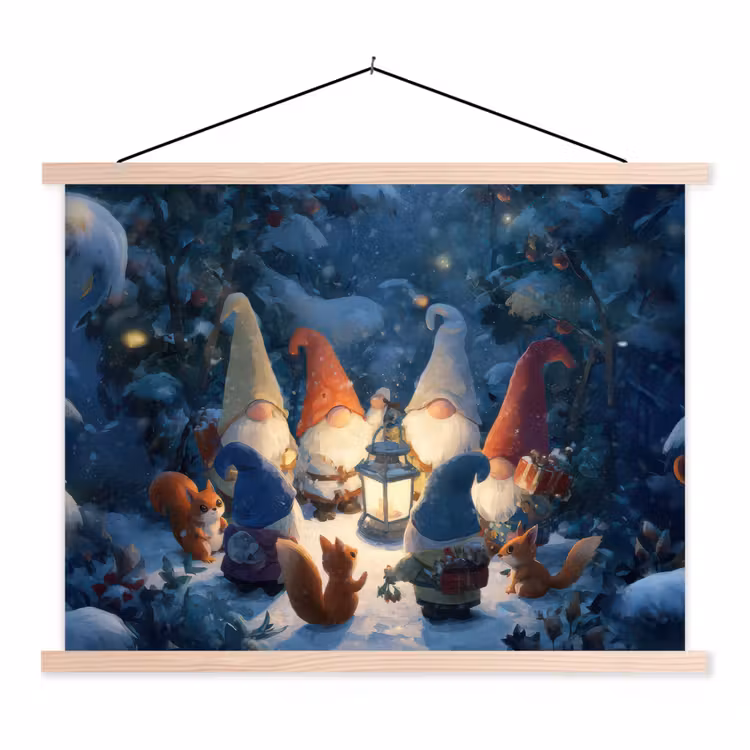 Winter - Gnooms - Eekhoorns - Meerkleurig textielposter latten blank klein -3d