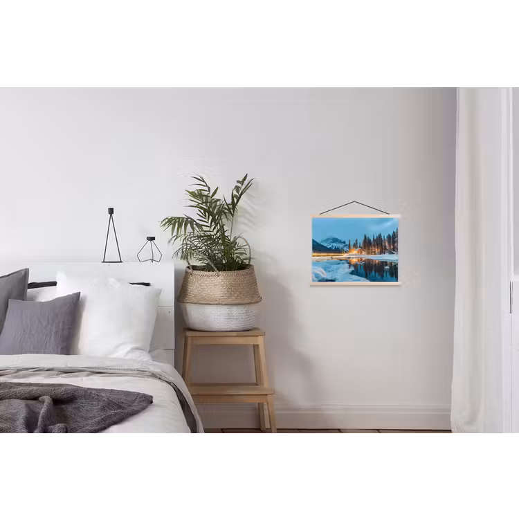Winterlandschap - Natuur - Huis - Bergen - Sneeuw textielposter latten blank klein -woonkamer