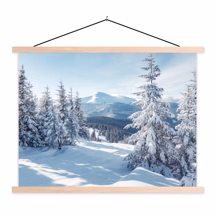 Winterlandschap - Natuur - Berg - Bomen - Sneeuw textielposter latten blank klein -3d