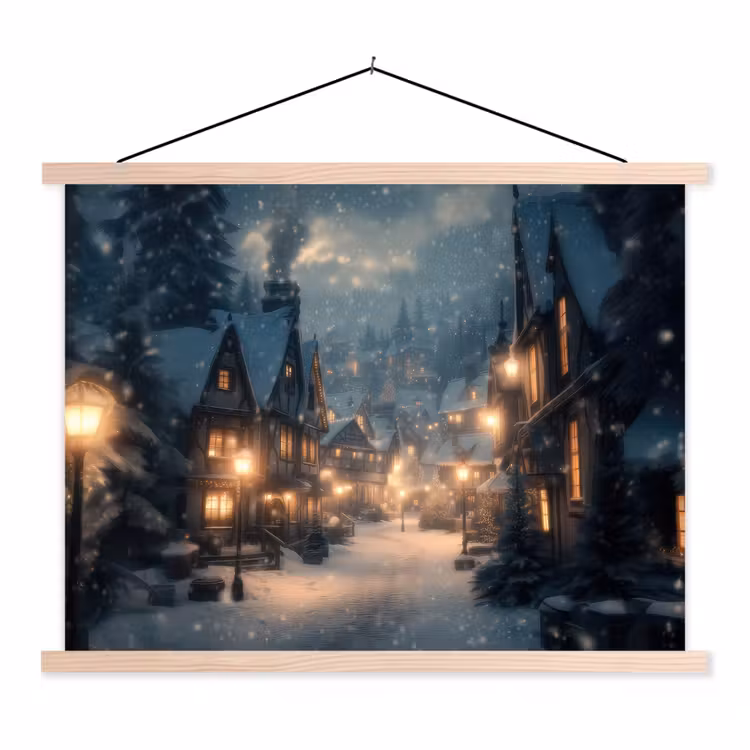 Winterdorp - Sneeuw - Donker textielposter latten blank klein -3d