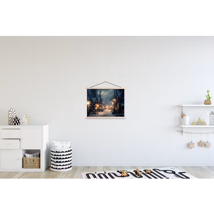 Winterdorp - Sneeuw - Donker textielposter latten blank klein -kinderkamer