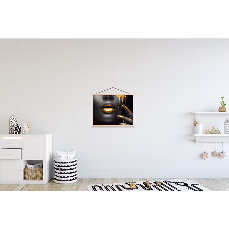 Vrouw - Zwart - Goud - Gezicht - Lippen textielposter latten blank klein -kinderkamer