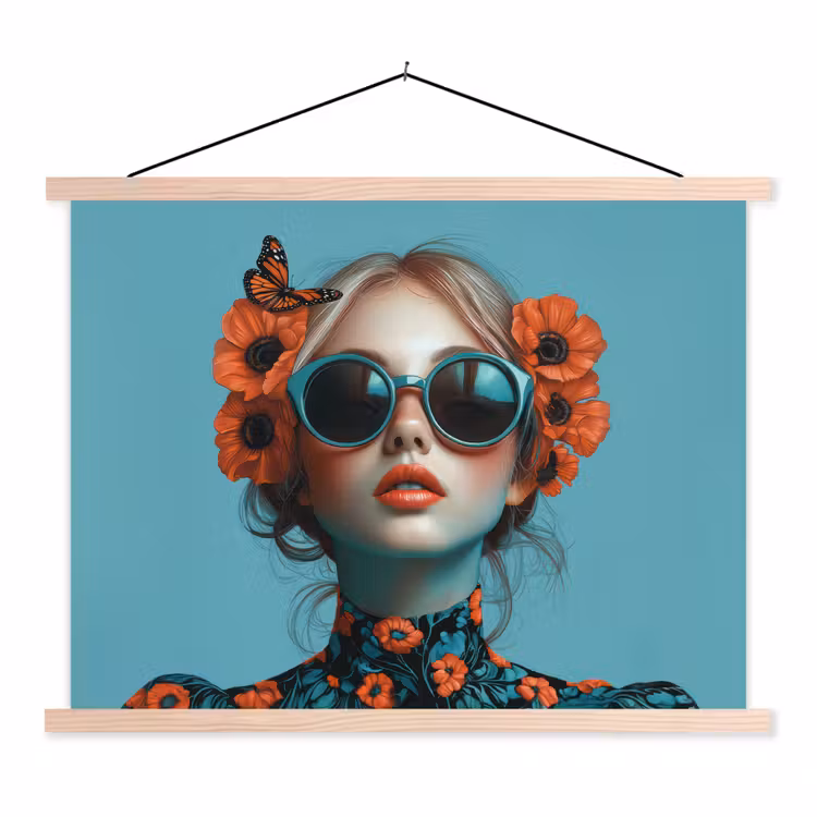 Vrouw - Blauw - Vlinder - Bloemen - Aesthetic textielposter latten blank klein -3d