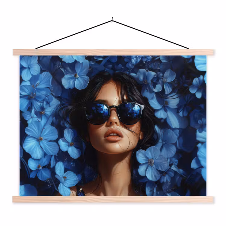 Vrouw - Blauw - Bloemen - Vlinders - Natuur textielposter latten blank klein -3d