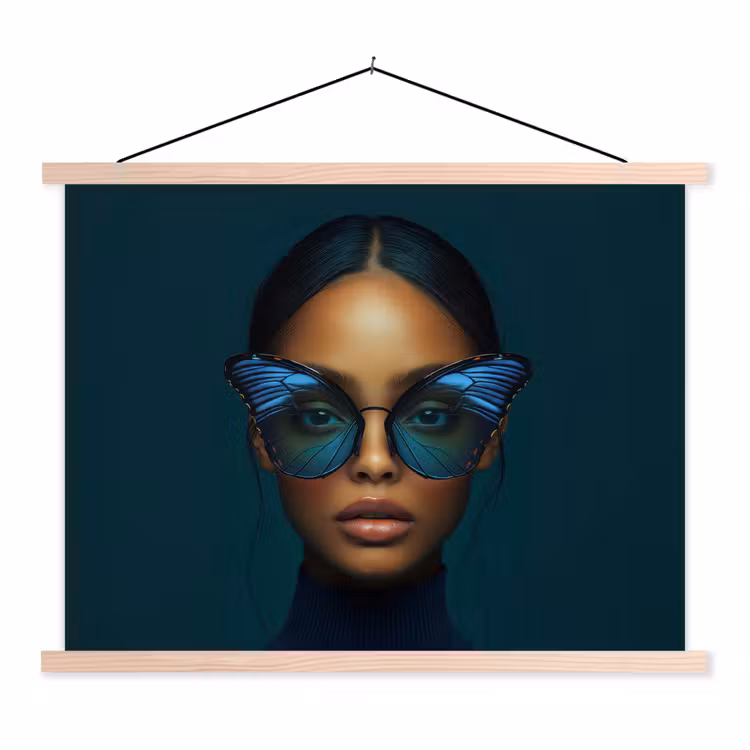 Vrouw - Vlinder - Bril - Blauw - Modern - Portret textielposter latten blank klein -3d