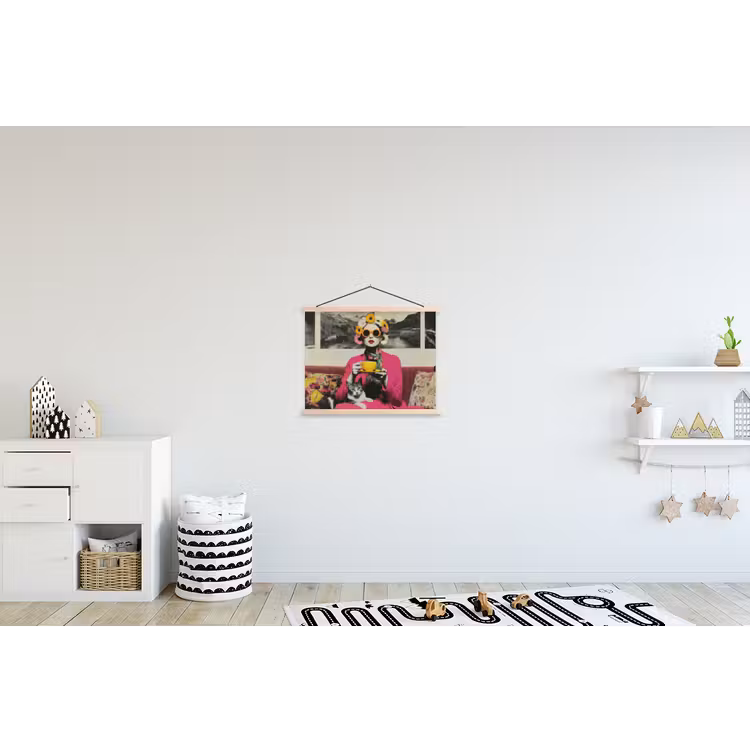 Vrouw - Kat - Bloemen - Kopje - Retro textielposter latten blank klein -kinderkamer
