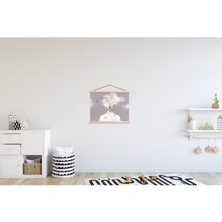 Vrouw - Wolk - Grijs textielposter latten blank klein -kinderkamer