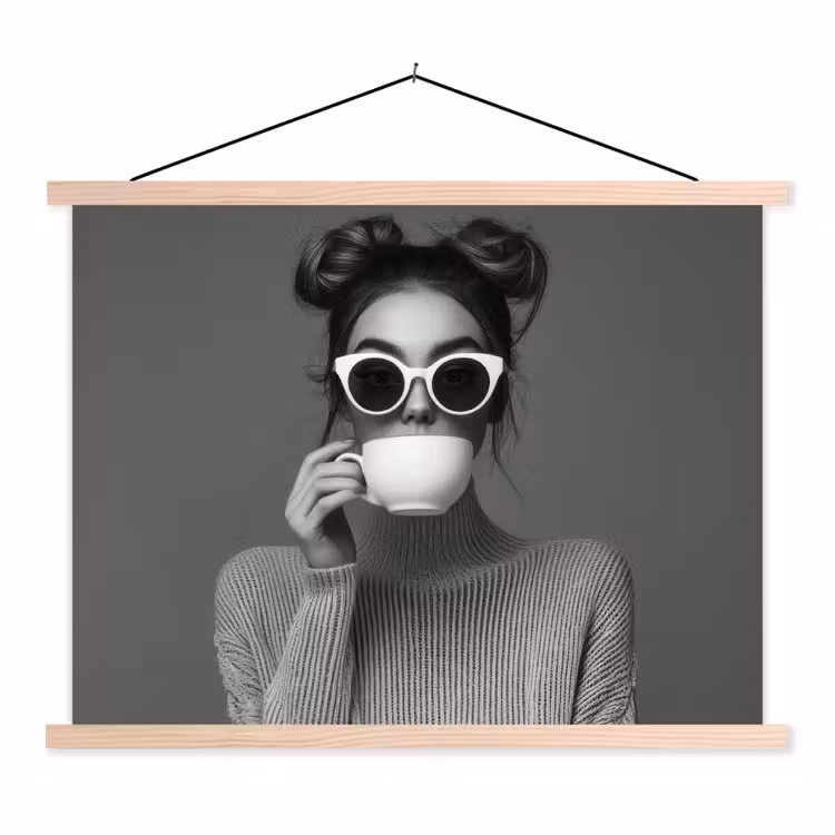 Vrouw - Koffie - Zwart - Wit textielposter latten blank klein -3d