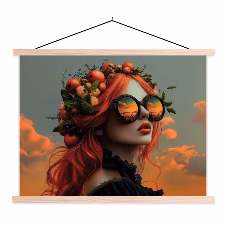 Vrouw - Kroon - Tomaat - Bascilicum - Zonnebril textielposter latten blank klein -3d
