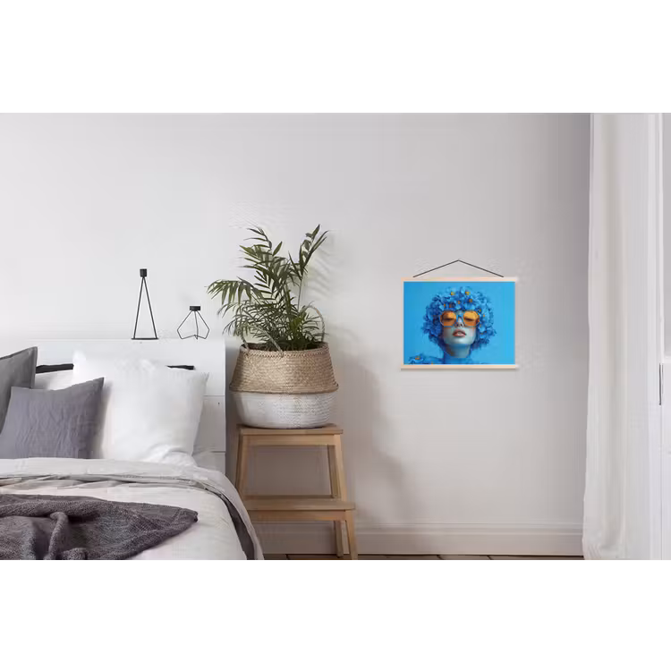 Vrouw - Bloem - Blauw - Modern - Bril - Portret textielposter latten blank klein -woonkamer