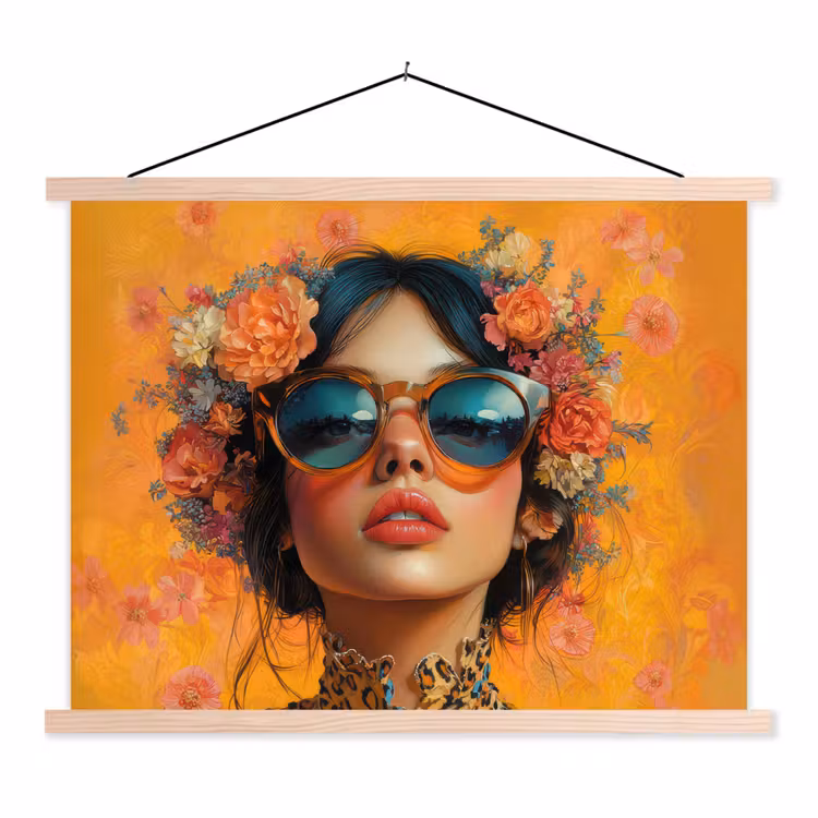 Vrouw - Bloemen - Aesthetic - Oranje textielposter latten blank klein -3d