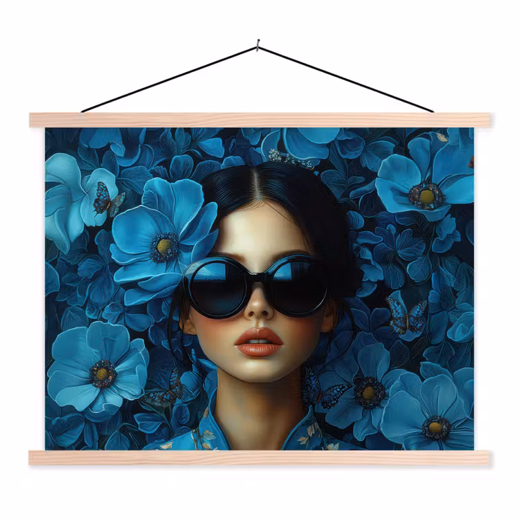 Vrouw - Bloemen - Blauw - Aesthetic - Luxe textielposter latten blank klein -3d