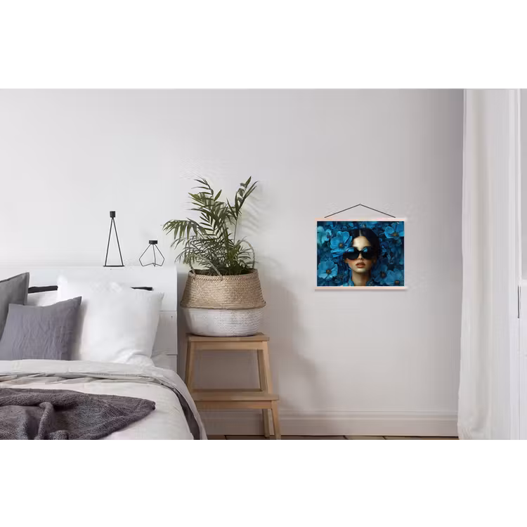 Vrouw - Bloemen - Blauw - Aesthetic - Luxe textielposter latten blank klein -woonkamer