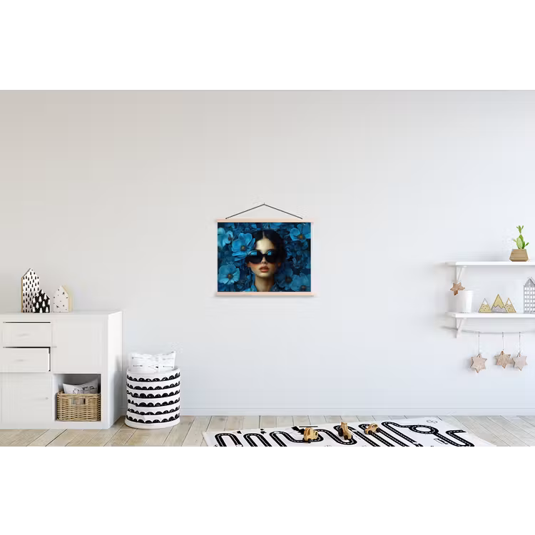 Vrouw - Bloemen - Blauw - Aesthetic - Luxe textielposter latten blank klein -kinderkamer