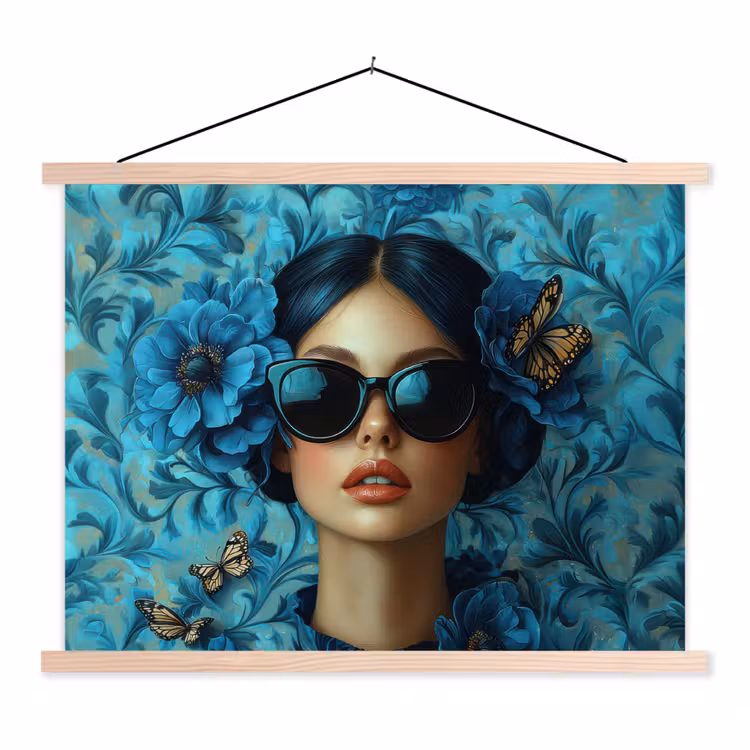 Vrouw - Bloemen - Vlinders - Blauw - Abstract textielposter latten blank klein -3d