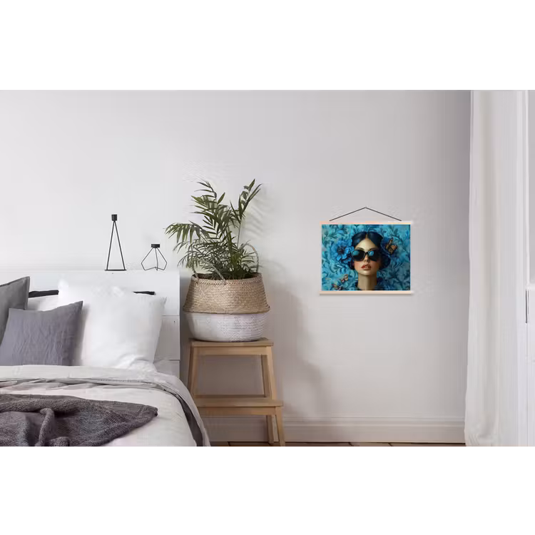 Vrouw - Bloemen - Vlinders - Blauw - Abstract textielposter latten blank klein -woonkamer