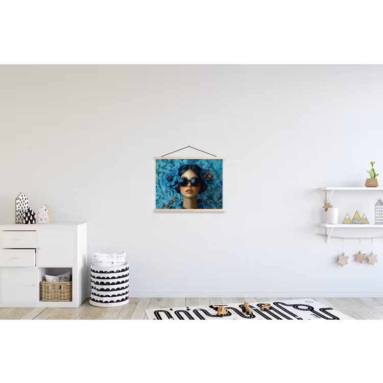 Vrouw - Bloemen - Vlinders - Blauw - Abstract textielposter latten blank klein -kinderkamer