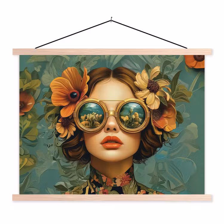 Vrouw - Bloemen - Vlinders - Natuur - Vintage textielposter latten blank klein -3d