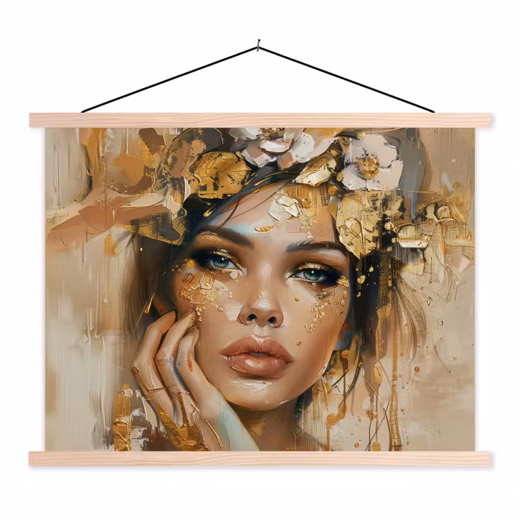 Vrouw - Bloemen - Goud - Portret textielposter latten blank klein -3d