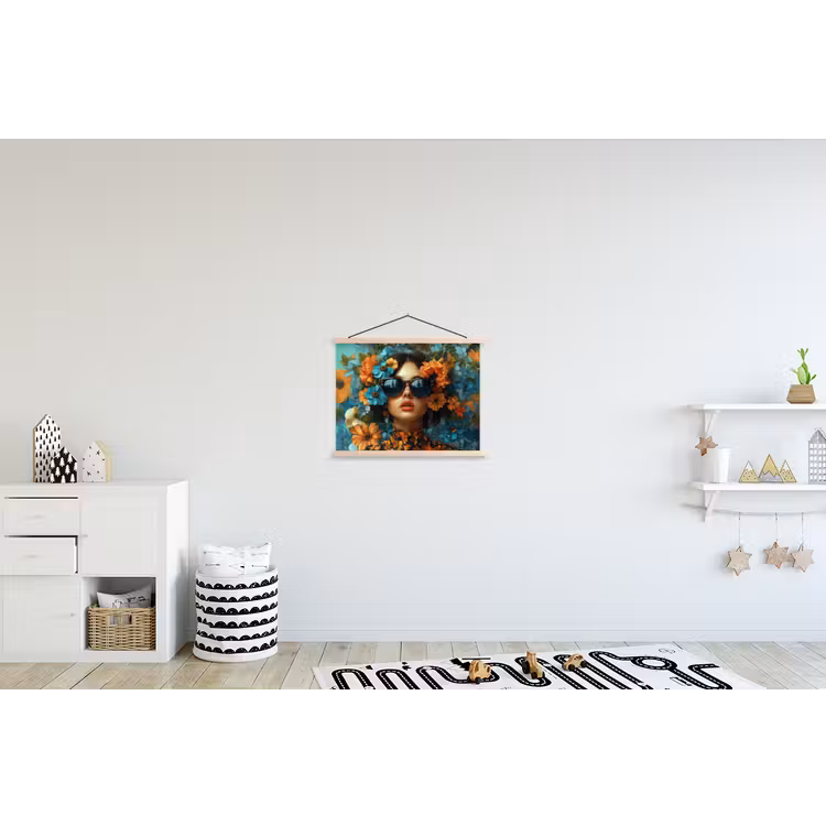 Vrouw - Bloemen - Oranje - Blauw - Modern textielposter latten blank klein -kinderkamer