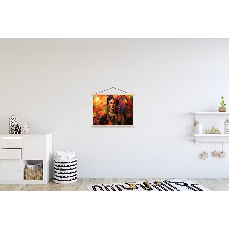 Vrouw - Bloemen - Papegaai - Schilderachtig textielposter latten blank klein -kinderkamer