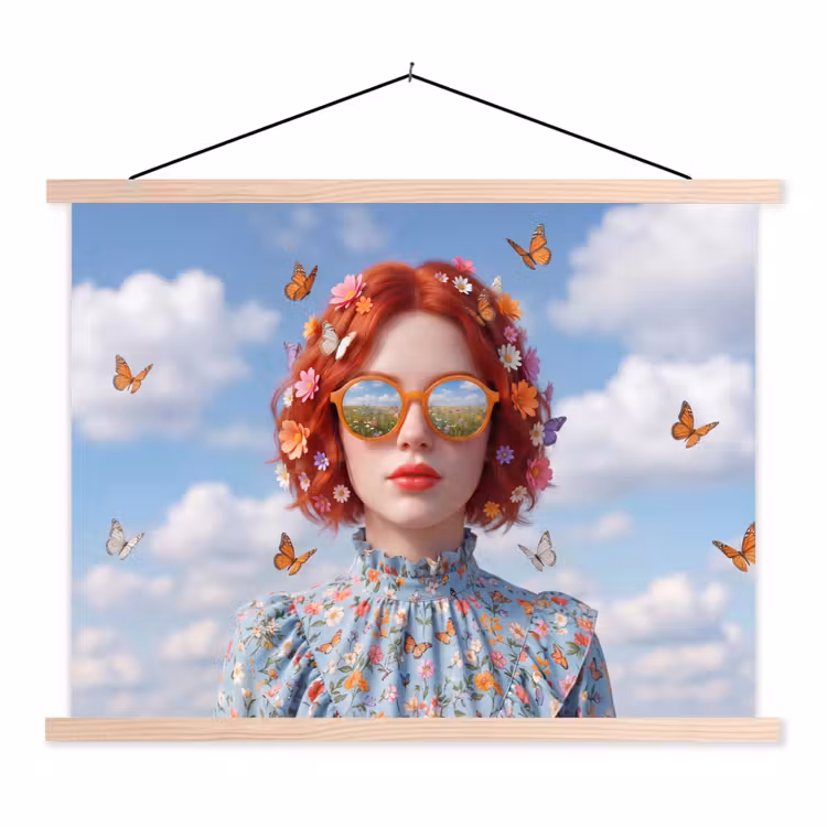 Vrouw - Bloemen - Zomer - Portret - Kleurrijk textielposter latten blank klein -3d