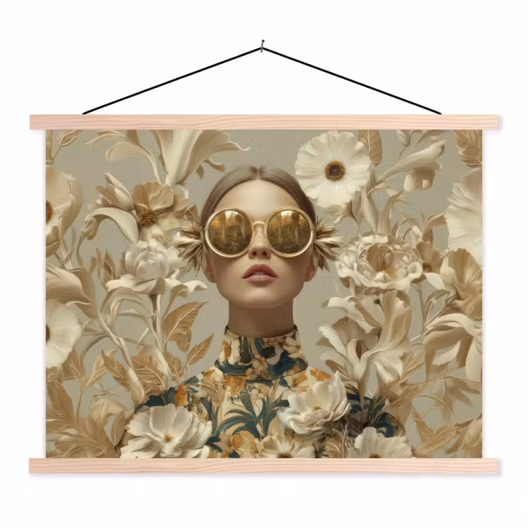 Vrouw - Bloemen - Zonnebril - Wit textielposter latten blank klein -3d