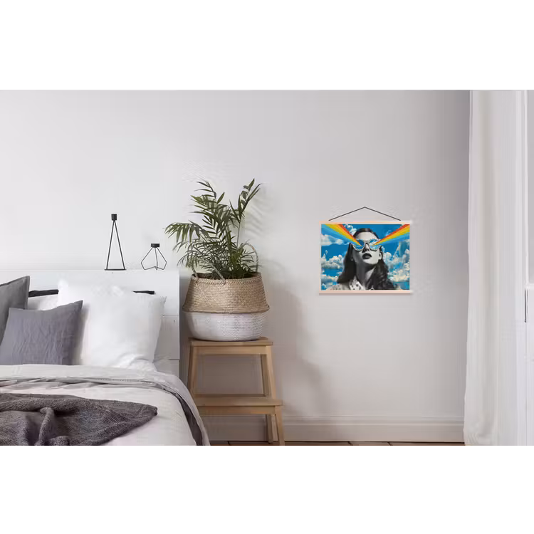 Vrouw - Bril - Regenboog - Wolken textielposter latten blank klein -woonkamer