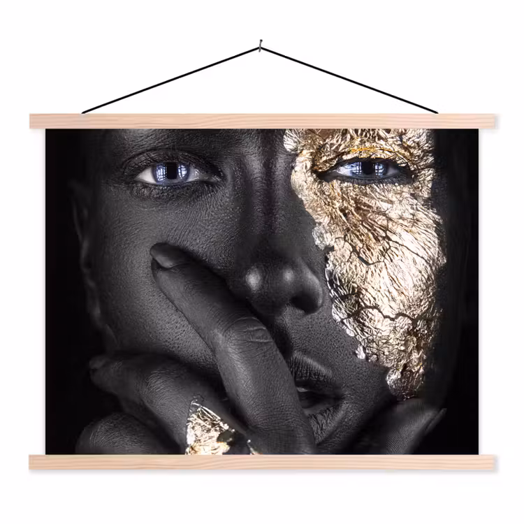 Vrouw - Goud - Zwart - Schmink - Luxe textielposter latten blank klein -3d