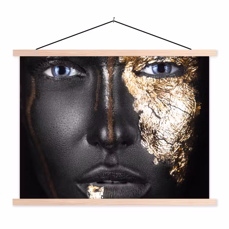 Vrouw - Bladgoud - Zwart - Goud - Luxe textielposter latten blank klein -3d