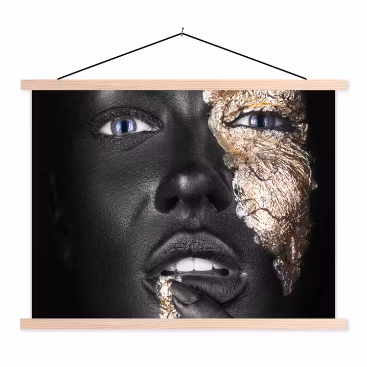 Vrouw - Bladgoud - Zwart - Huid - Luxe textielposter latten blank klein -3d