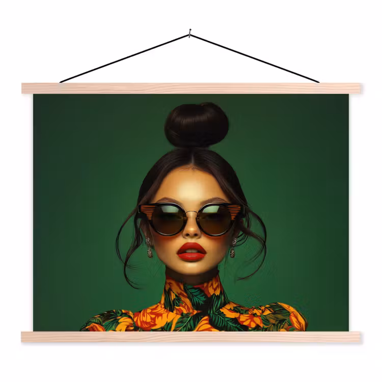 Vrouw - Groen - Modern - Bril - Abstract textielposter latten blank klein -3d
