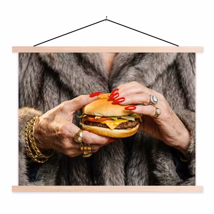 Vrouw - Hamburger - Bontjas textielposter latten blank klein -3d
