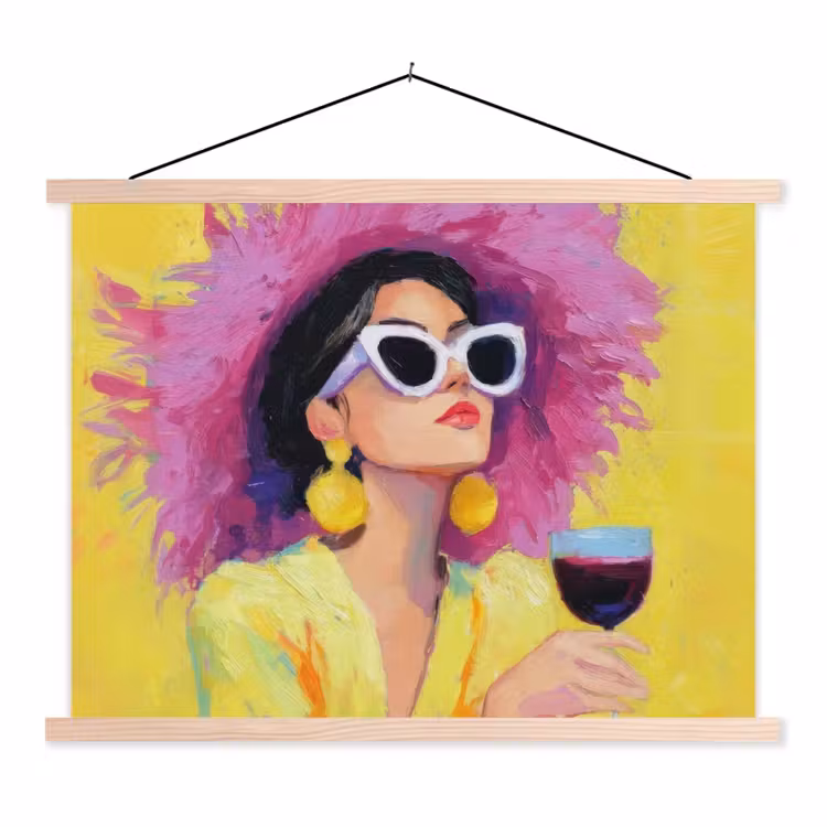 Vrouw - Hoed - Paars - Wijn textielposter latten blank klein -3d