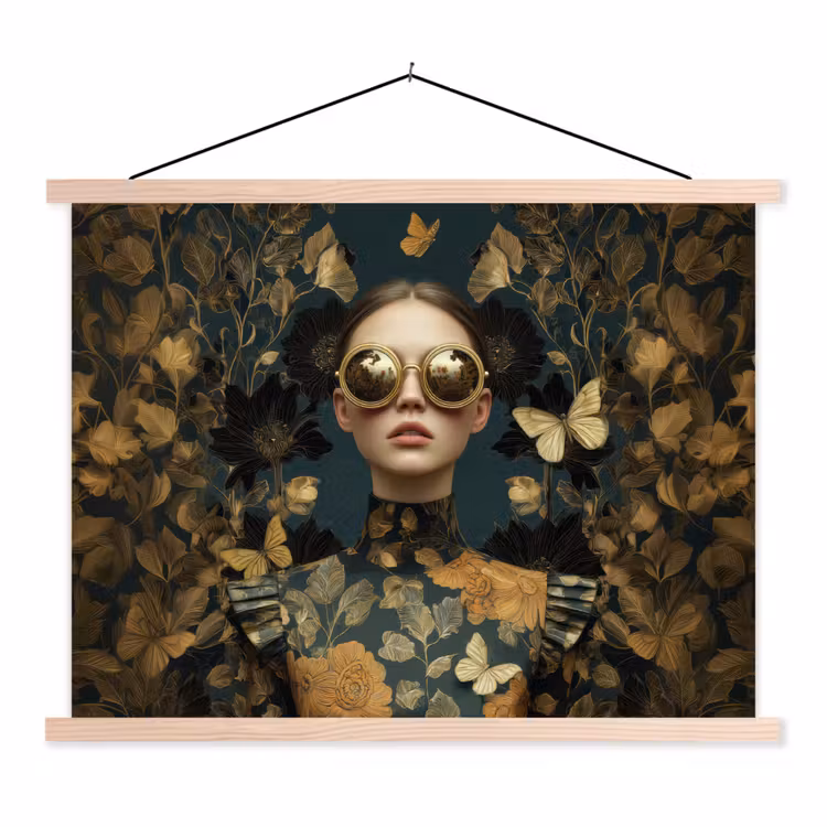 Vrouw - Bladeren - Goud - Vlinders textielposter latten blank klein -3d