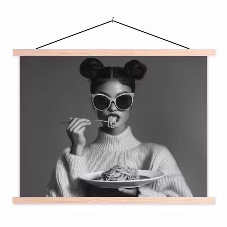 Vrouw - Pasta - Zonnebril textielposter latten blank klein -3d