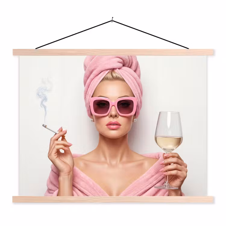 Vrouw - Roze - Wijn - Zonnebril textielposter latten blank klein -3d