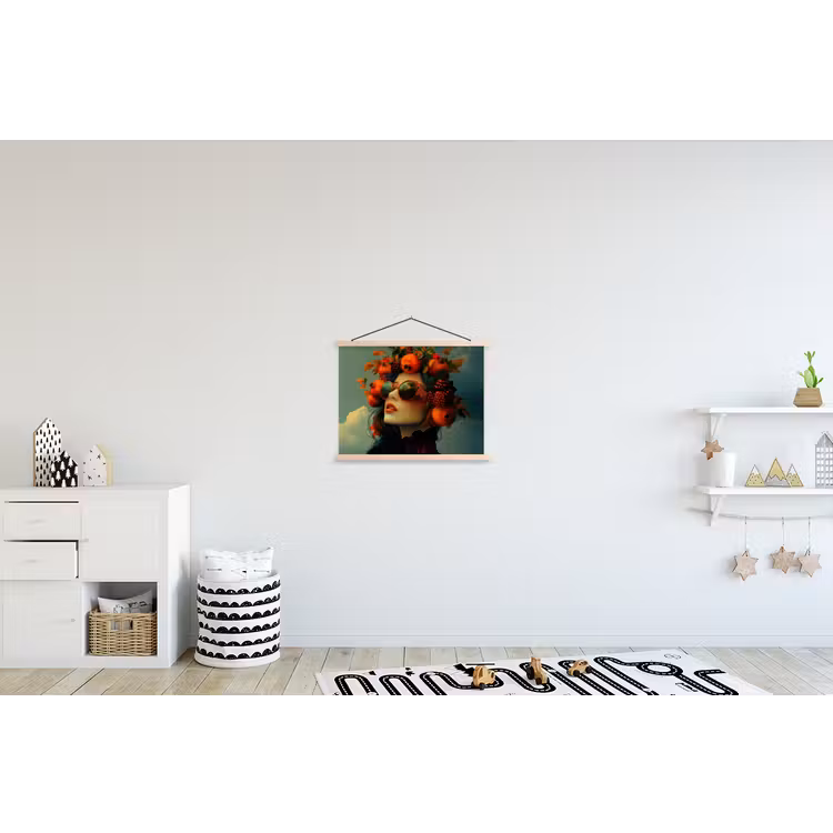 Vrouw - Granaatappel - Herfst - Zonnebril textielposter latten blank klein -kinderkamer