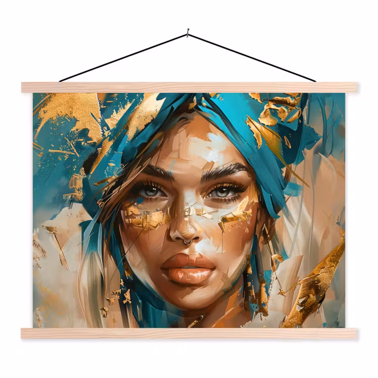 Vrouw - Portret - Goud - Luxe - Blauw textielposter latten blank klein -3d