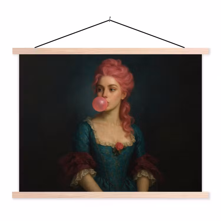 Vrouw - Portret - Kauwgombel textielposter latten blank klein -3d