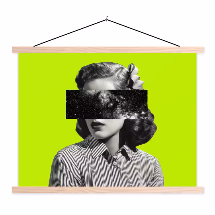 Vrouw - Sterrenhemel - Groen textielposter latten blank klein -3d