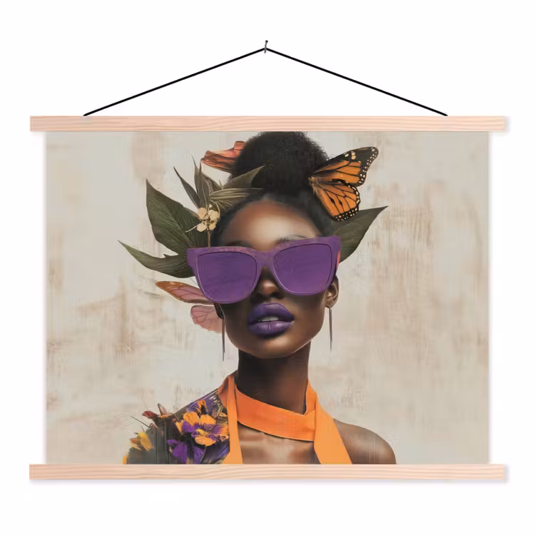 Vrouw - Zonnebril - Vlinder - Bloemen textielposter latten blank klein -3d