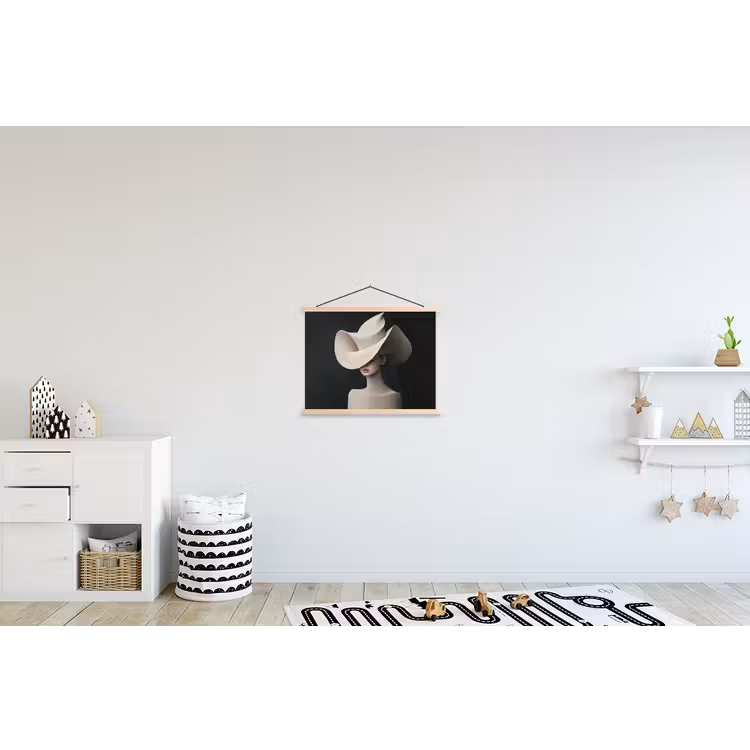 Vrouw - Golvende - Hoed textielposter latten blank klein -kinderkamer